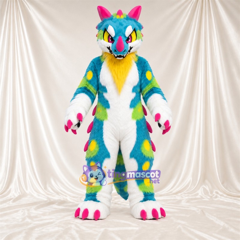 Maskottchenkostüm Drache – mehrfarbig – Stacheln (rosa); Hörner Maskottchenkostüm Drache – mehrfarbig – Stacheln (rosa); Hörner