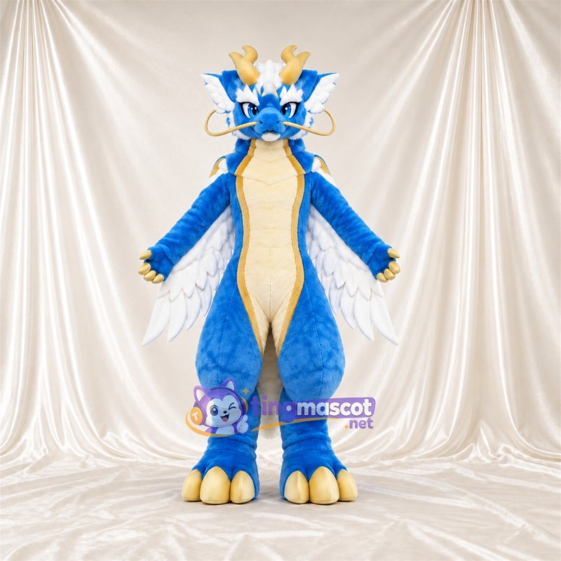 Costume de mascotte Dragon – bleu – Crinière (blanc) Costume de mascotte Dragon – bleu – Crinière (blanc)