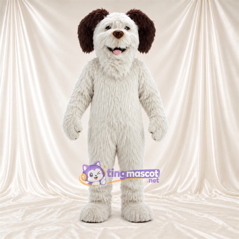 Costume de mascotte Chien – blanc – Oreilles tombantes (marron); Fourrure hirsute Costume de mascotte Chien – blanc – Oreilles tombantes (marron); Fourrure hirsute