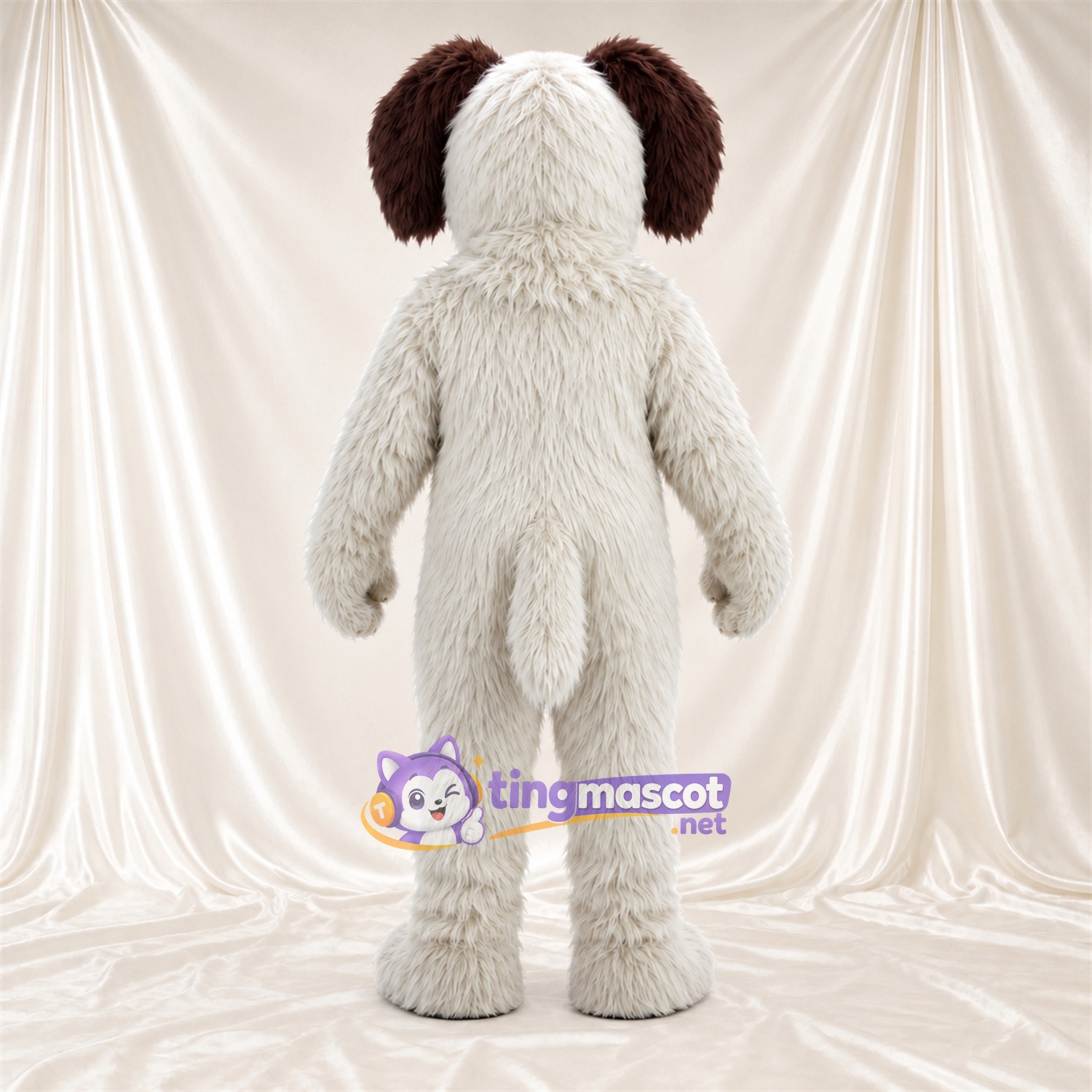 Costume de mascotte Chien – blanc – Oreilles tombantes (marron); Fourrure hirsute