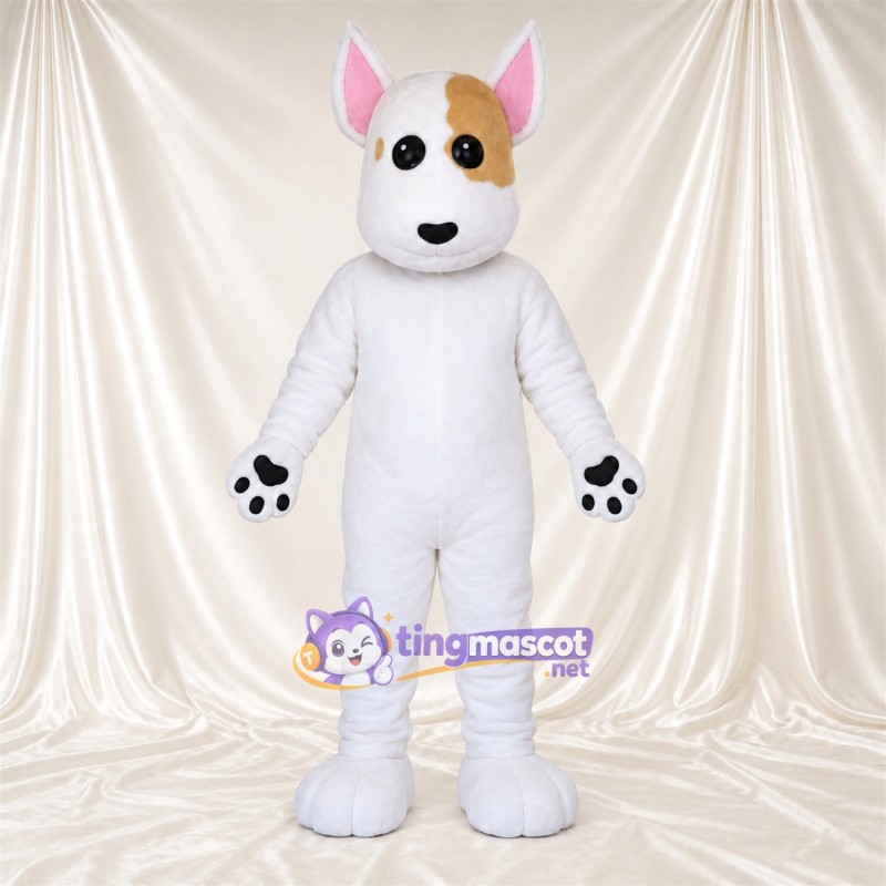 Costume de mascotte Bull-terrier – blanc – Tache autour d’un œil (marron) Costume de mascotte Bull-terrier – blanc – Tache autour d’un œil (marron)