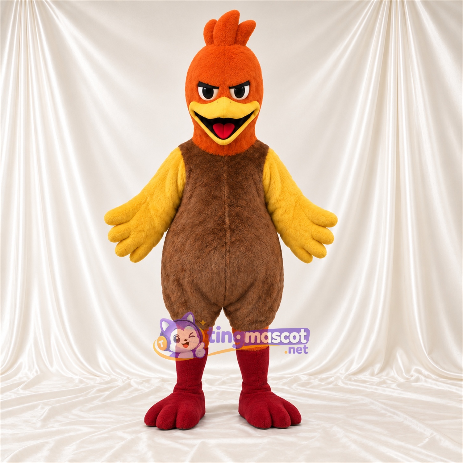 Brown Chicken Mascot Costume - Orange Head and Yellow Wings Brown Chicken Mascot Costume - Orange Head and Yellow Wings