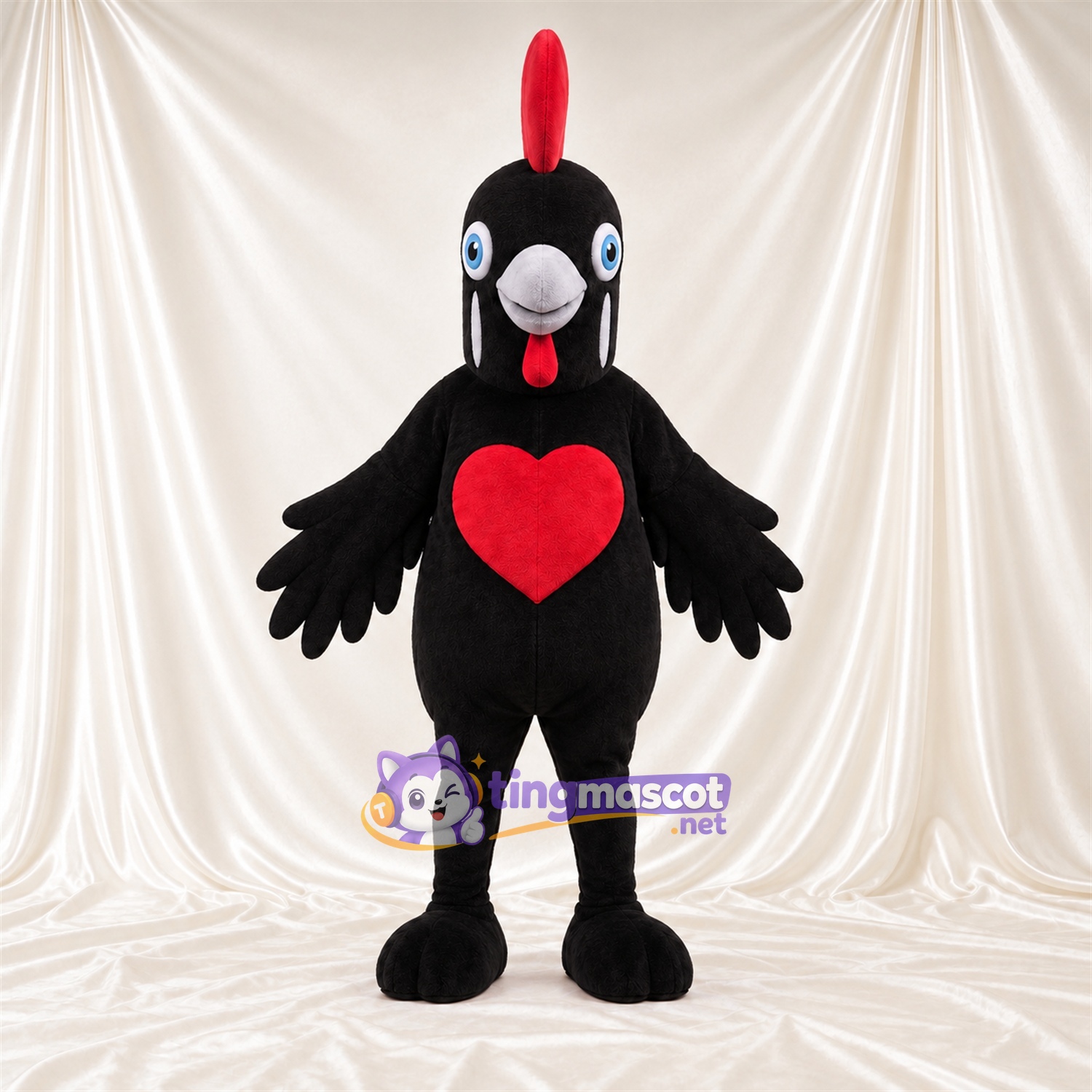 Black Chicken Mascot Costume - Red Heart on Chest Black Chicken Mascot Costume - Red Heart on Chest