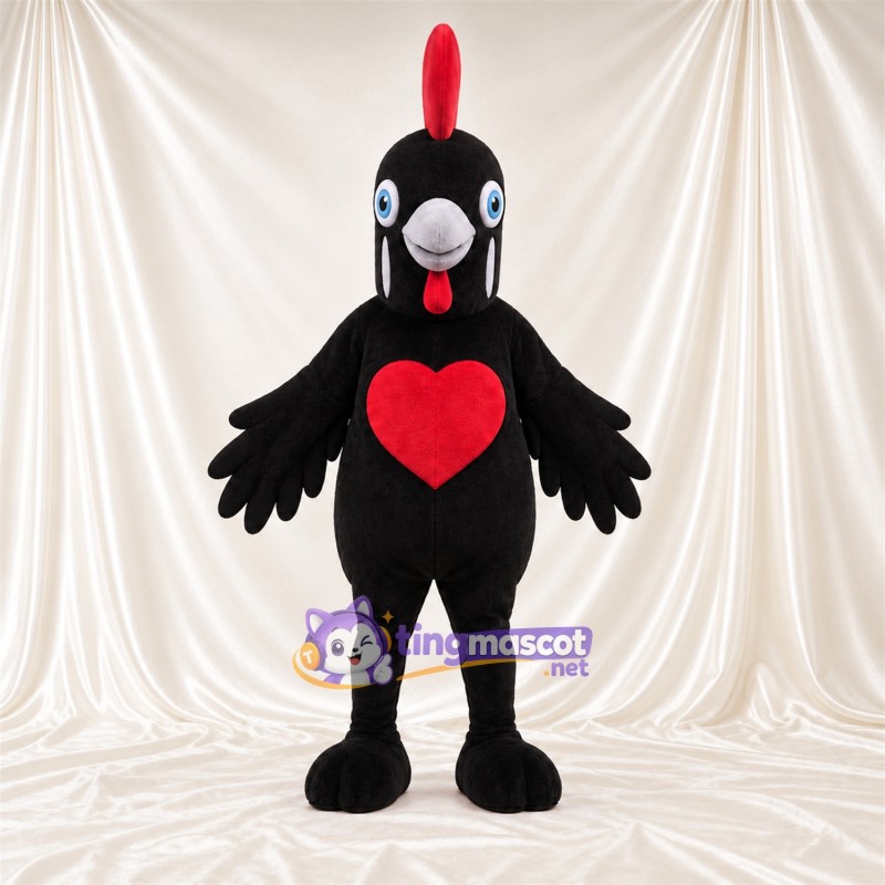 Black Chicken Mascot Costume - Red Heart on Chest Black Chicken Mascot Costume - Red Heart on Chest