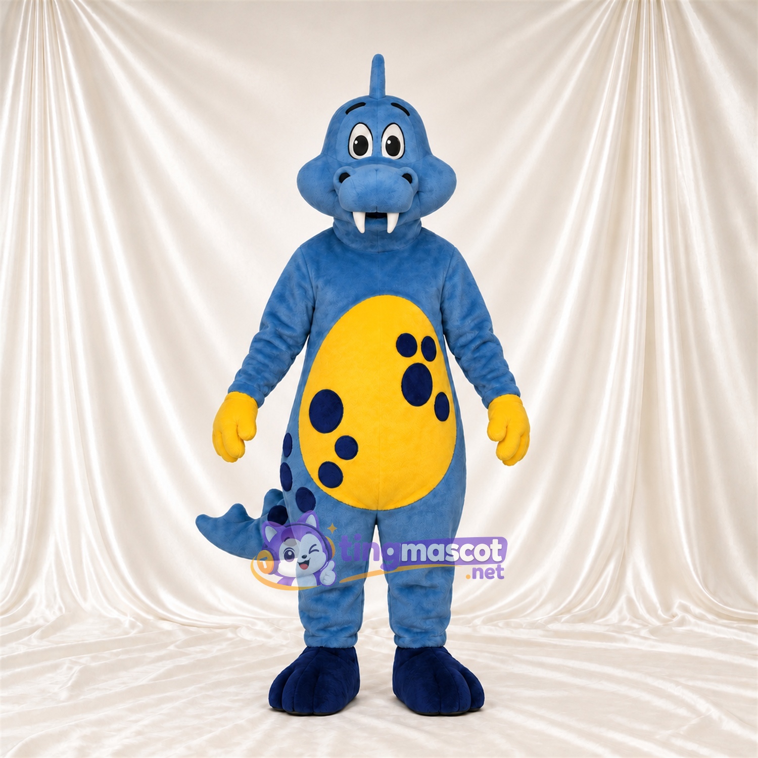 Blue Dinosaur Mascot Costume - Yellow Belly, Spotted Belly and Yellow Gloves Blue Dinosaur Mascot Costume - Yellow Belly, Spotted Belly and Yellow Gloves