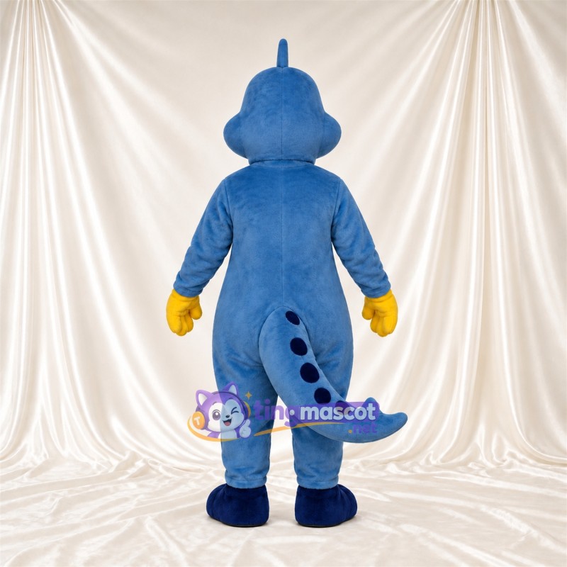 Blue Dinosaur Mascot Costume - Yellow Belly, Spotted Belly and Yellow Gloves Blue Dinosaur Mascot Costume - Yellow Belly, Spotted Belly and Yellow Gloves