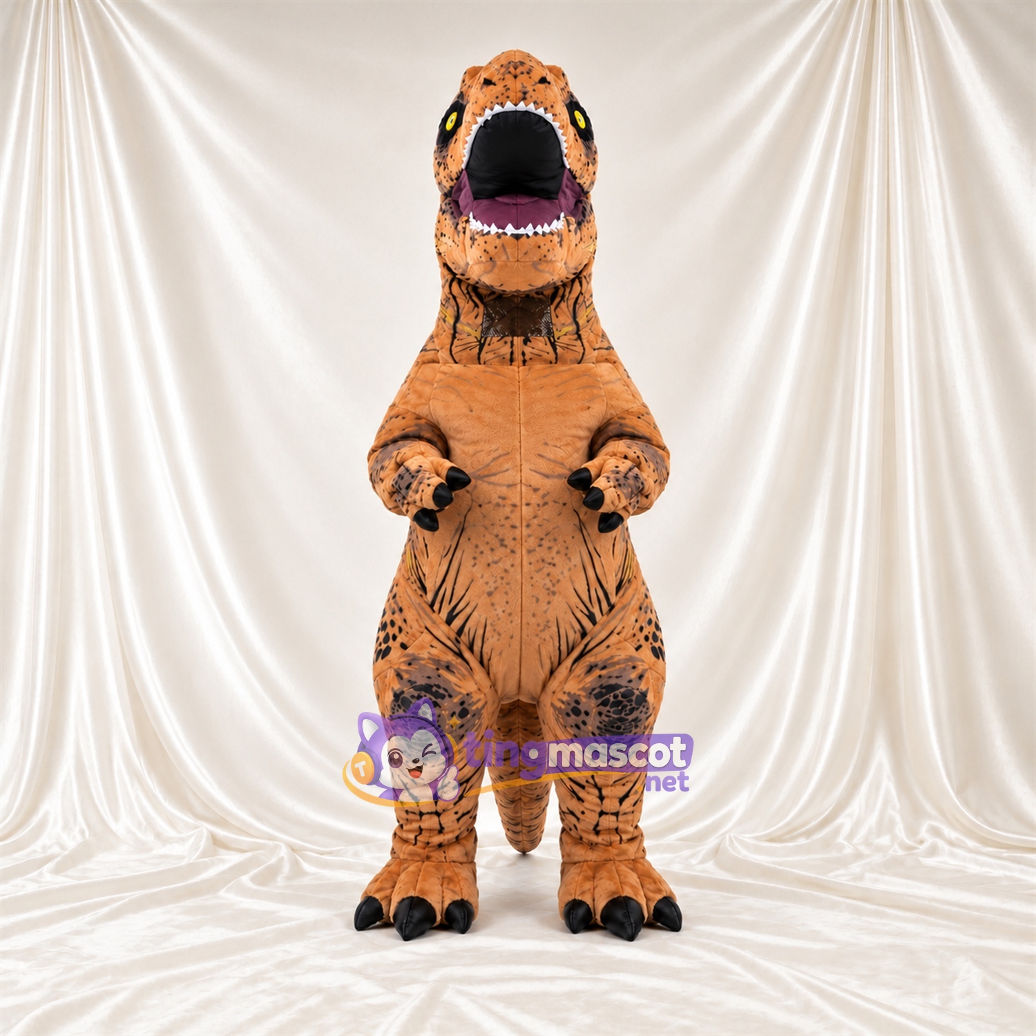 Costume de mascotte Dinosaure – marron – Griffes (noir); Bouche ouverte Costume de mascotte Dinosaure – marron – Griffes (noir); Bouche ouverte
