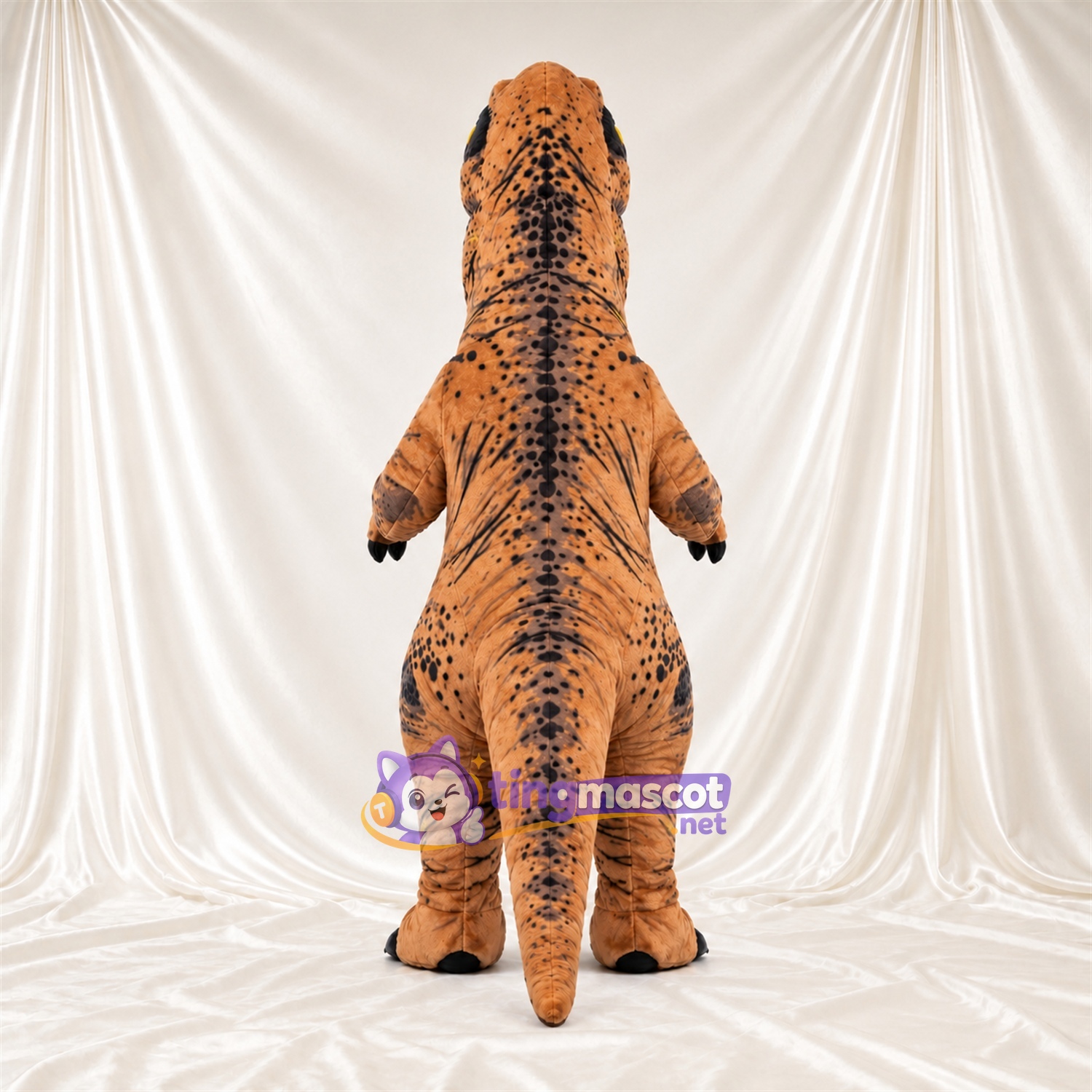 Costume de mascotte Dinosaure – marron – Griffes (noir); Bouche ouverte Costume de mascotte Dinosaure – marron – Griffes (noir); Bouche ouverte