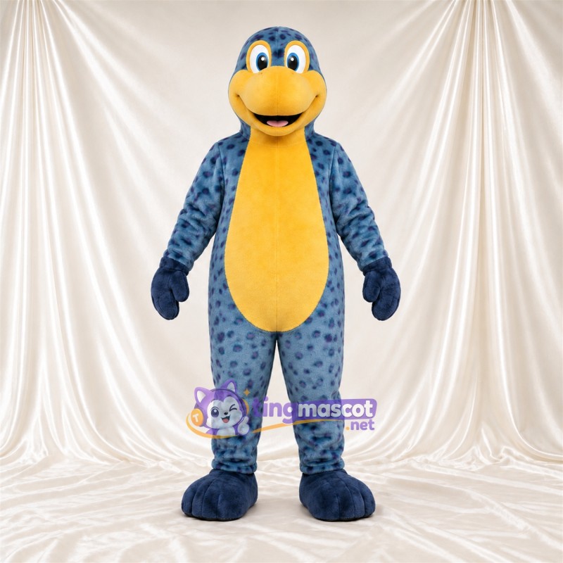 Blue Dinosaur Mascot Costume - Yellow Belly, Yellow Back Spikes and Black Spots Blue Dinosaur Mascot Costume - Yellow Belly, Yellow Back Spikes and Black Spots
