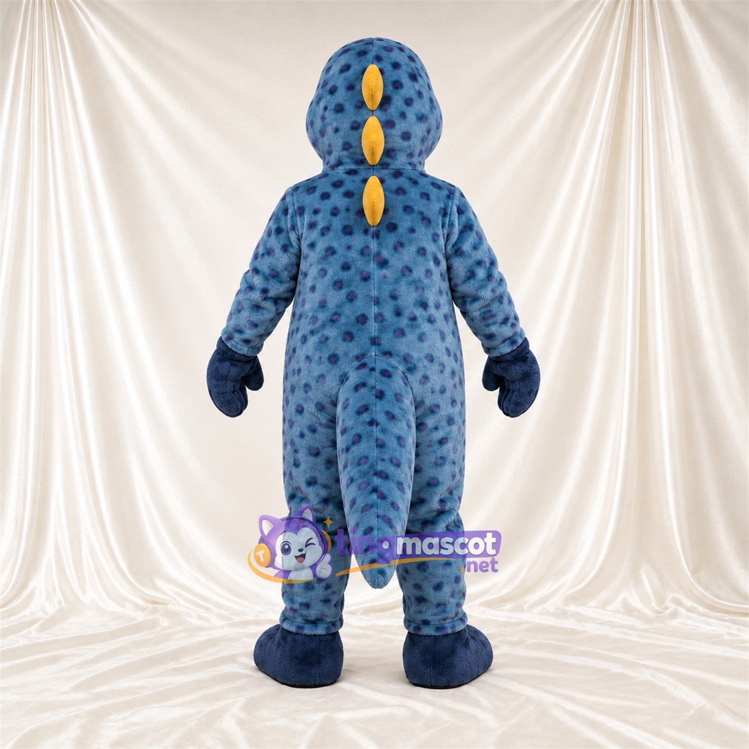 Blue Dinosaur Mascot Costume - Yellow Belly, Yellow Back Spikes and Black Spots Blue Dinosaur Mascot Costume - Yellow Belly, Yellow Back Spikes and Black Spots