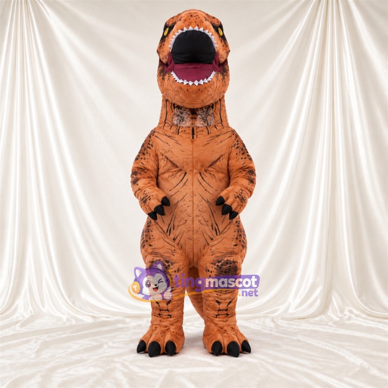 Costume de mascotte Dinosaure – marron – Bouche ouverte; Rayures (noir) Costume de mascotte Dinosaure – marron – Bouche ouverte; Rayures (noir)