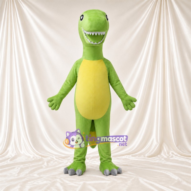 Costume de mascotte Dinosaure – vert – Ventre (jaune); Sourire avec dents Costume de mascotte Dinosaure – vert – Ventre (jaune); Sourire avec dents