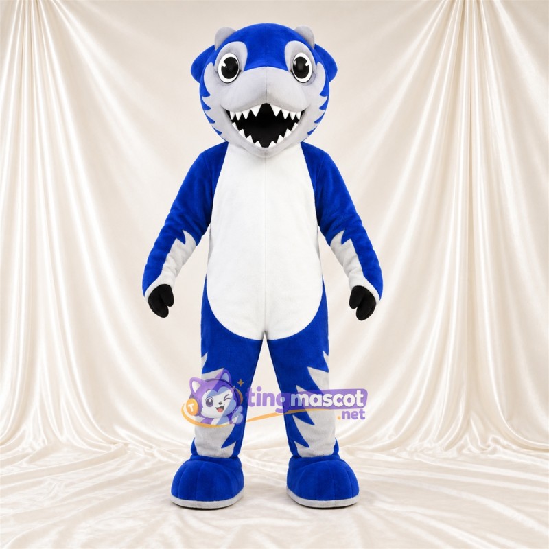 Costume de mascotte Requin – bleu – Ventre (blanc); Mains (blanc) Costume de mascotte Requin – bleu – Ventre (blanc); Mains (blanc)