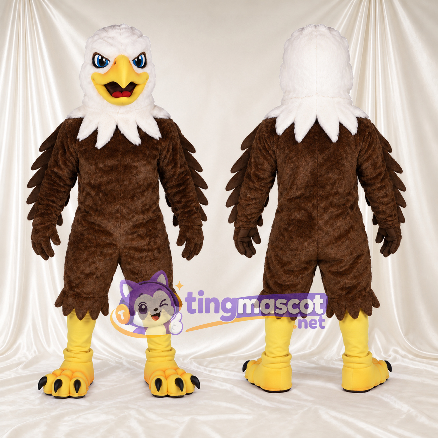Costume de mascotte Aigle – marron – Tête (blanc); Griffes (noir) Costume de mascotte Aigle – marron – Tête (blanc); Griffes (noir)
