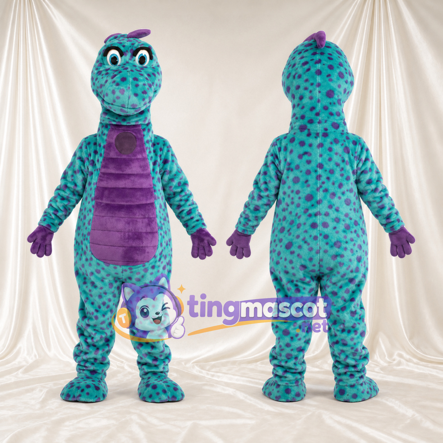 Costume de mascotte Dinosaure – bleu canard – Ventre (violet) Costume de mascotte Dinosaure – bleu canard – Ventre (violet)