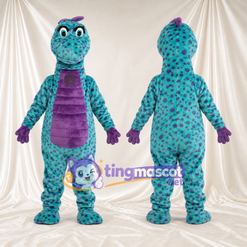 Costume de mascotte Dinosaure – bleu canard – Ventre (violet)
