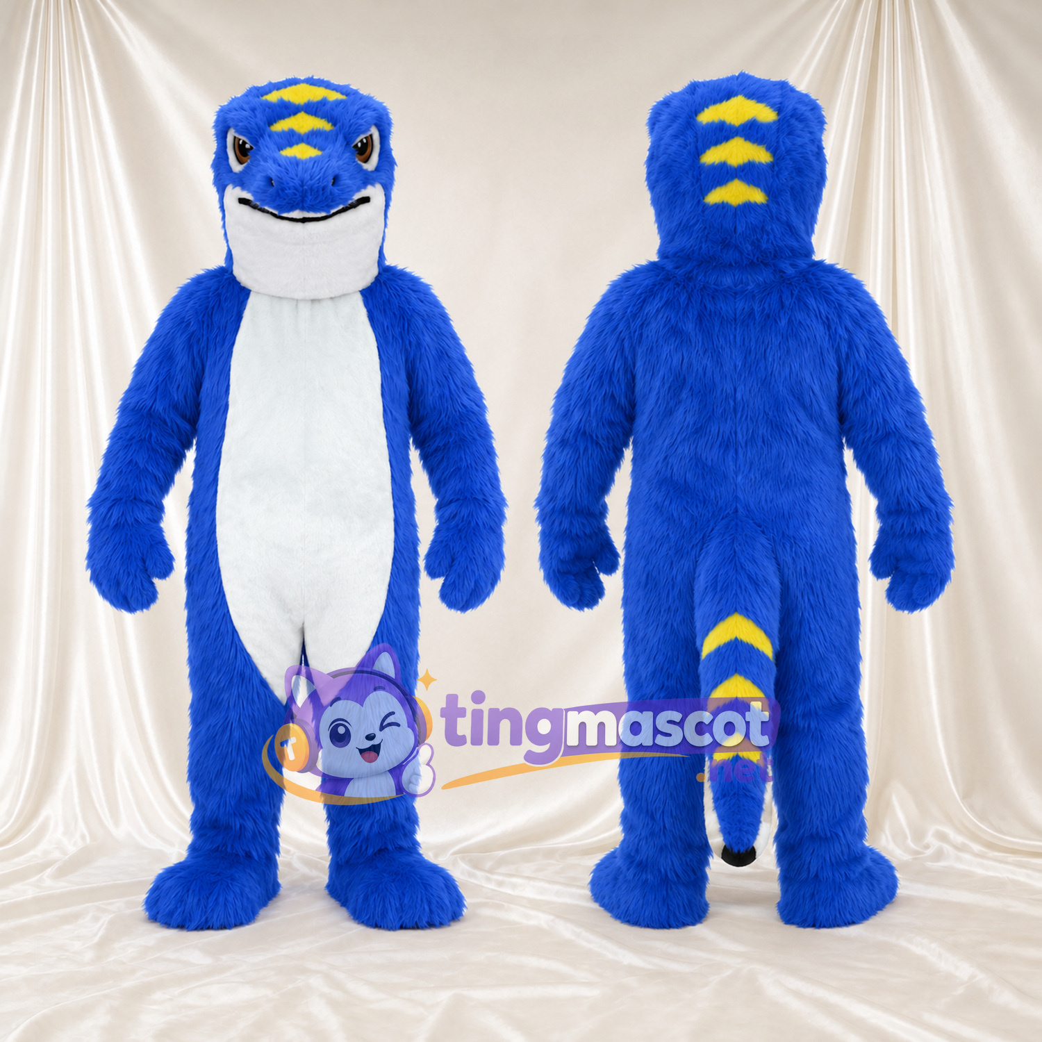 Costume de mascotte Dragon – bleu – Épines (jaune); Ventre (blanc) Costume de mascotte Dragon – bleu – Épines (jaune); Ventre (blanc)
