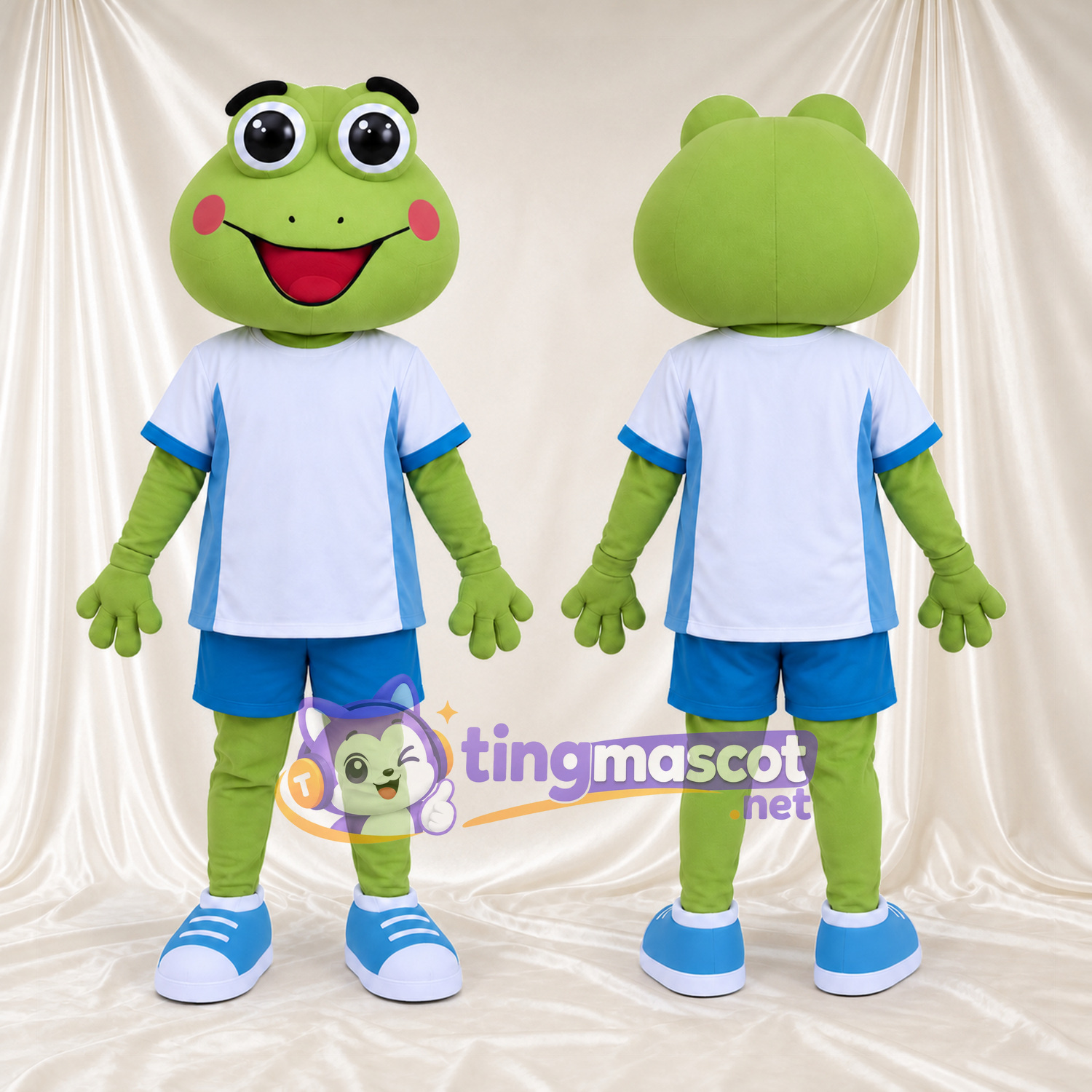 Costume de mascotte Grenouille – vert – Chemise (blanc); Short (bleu) Costume de mascotte Grenouille – vert – Chemise (blanc); Short (bleu)
