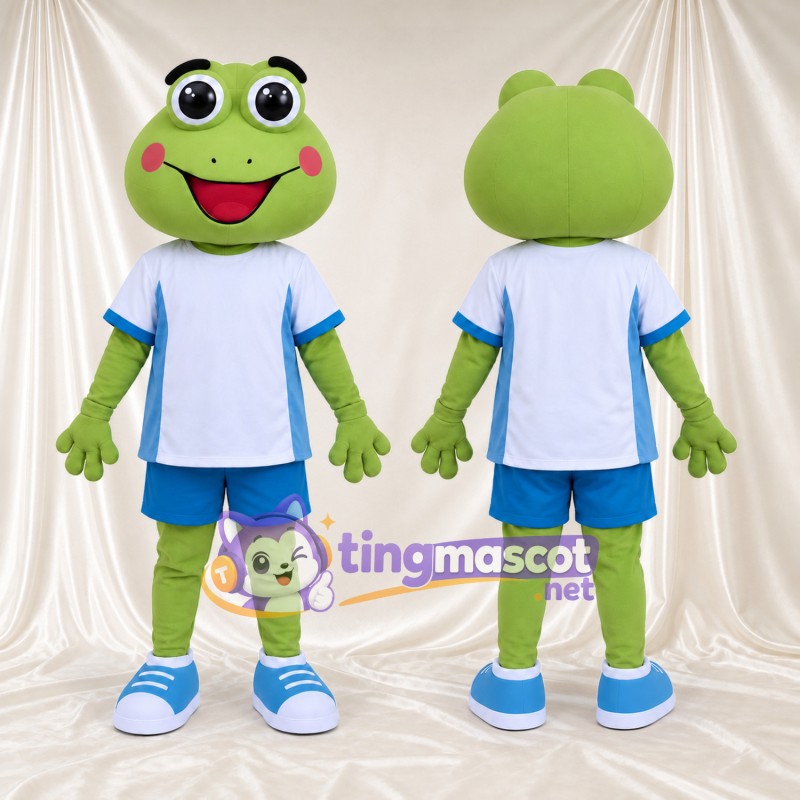 Costume de mascotte Grenouille – vert – Chemise (blanc); Short (bleu)
