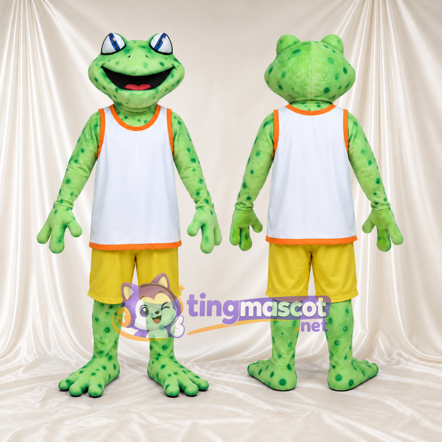 Maskottchenkostüm Frosch – grün – Tanktop (weiß); Shorts (gelb) Maskottchenkostüm Frosch – grün – Tanktop (weiß); Shorts (gelb)