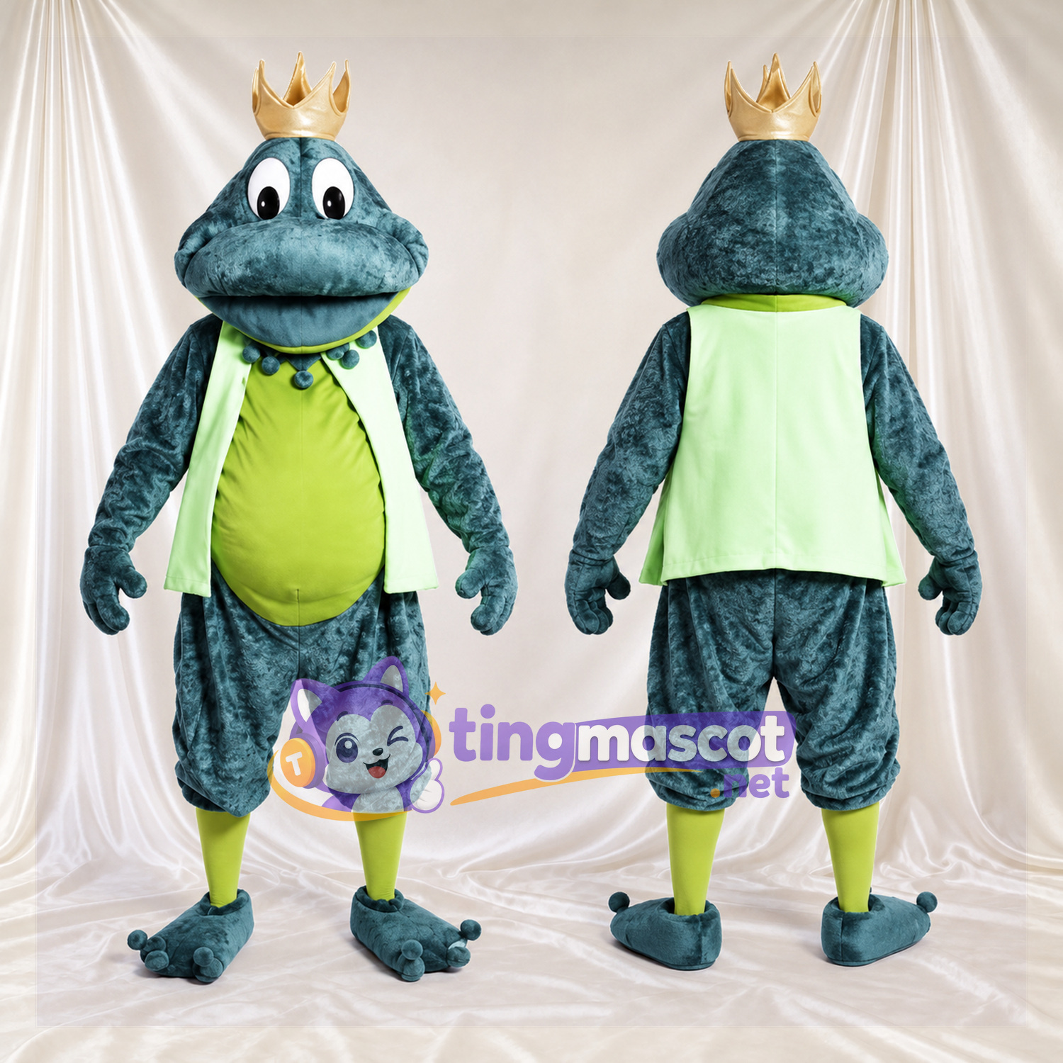 Blue Frog Mascot Costume - Crown and Green Cape Blue Frog Mascot Costume - Crown and Green Cape