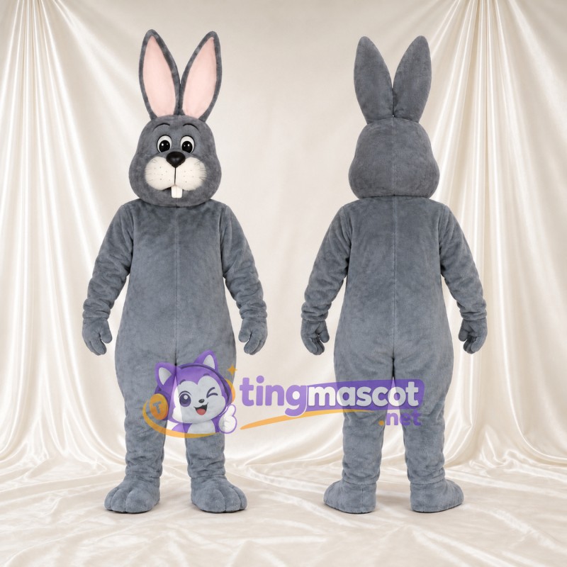Costume de mascotte Lapin – gris – Intérieur des oreilles (rose); Grandes incisives