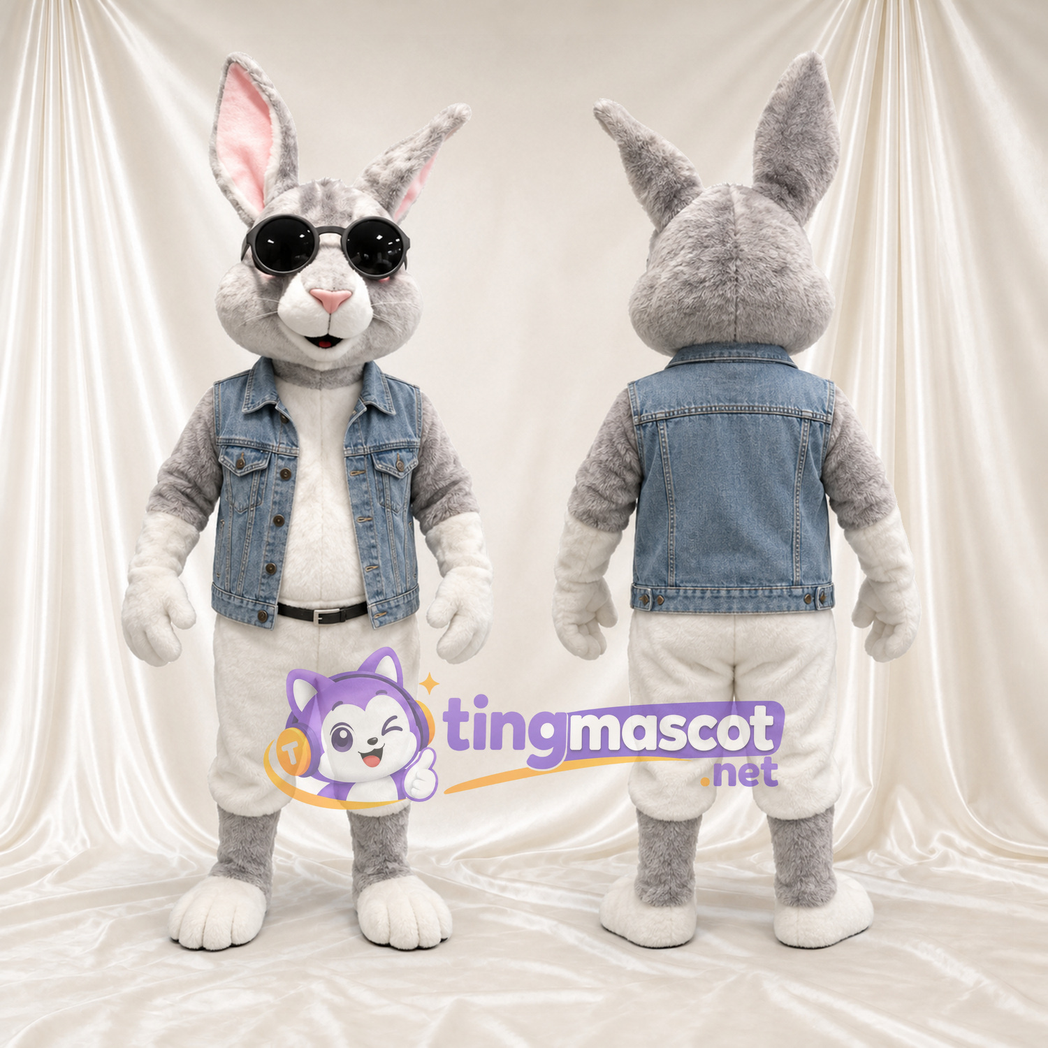 Costume de mascotte Lapin – gris – Gilet; Lunettes de soleil Costume de mascotte Lapin – gris – Gilet; Lunettes de soleil