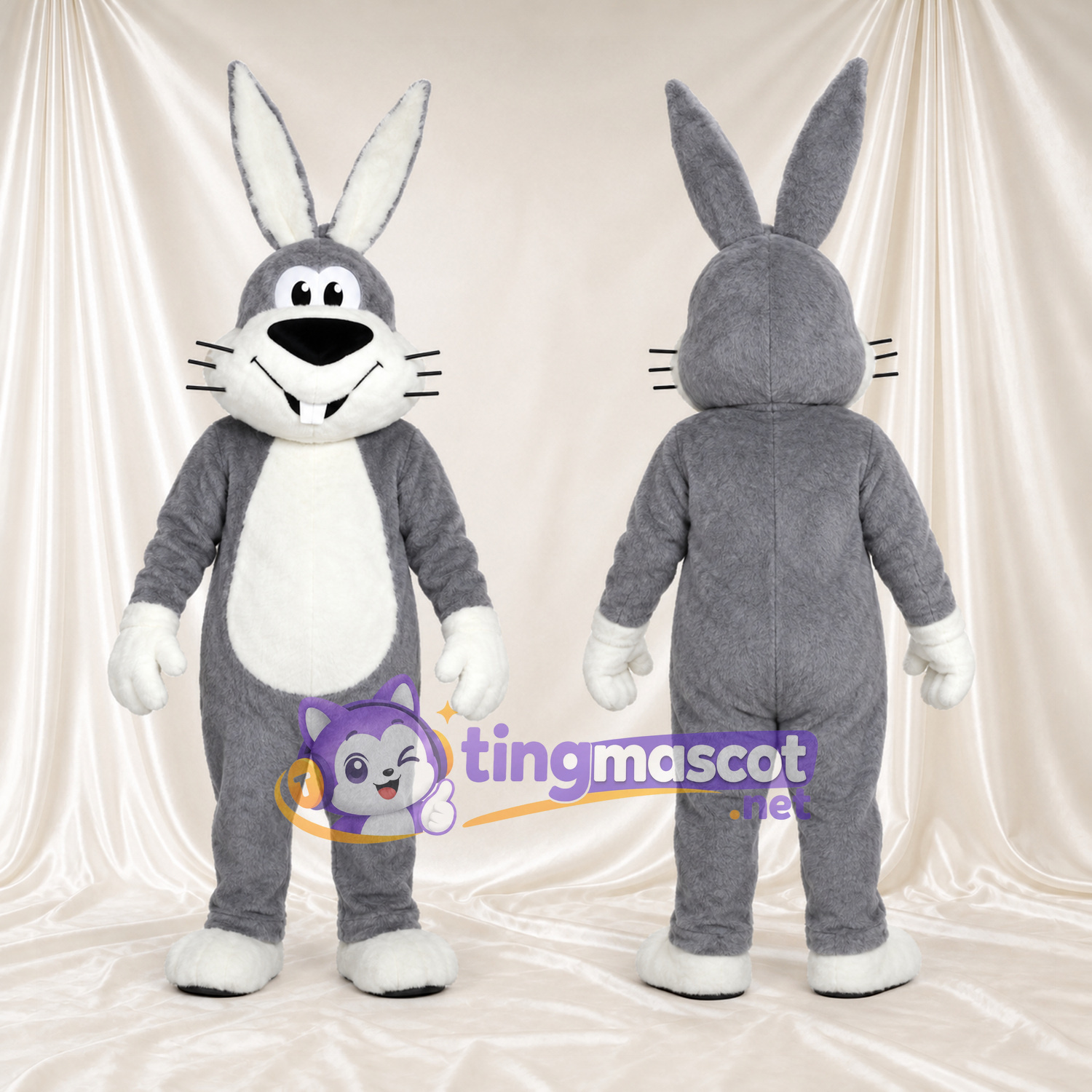 Costume de mascotte Lapin – gris – Gants (blanc); Moustaches (blanc) Costume de mascotte Lapin – gris – Gants (blanc); Moustaches (blanc)
