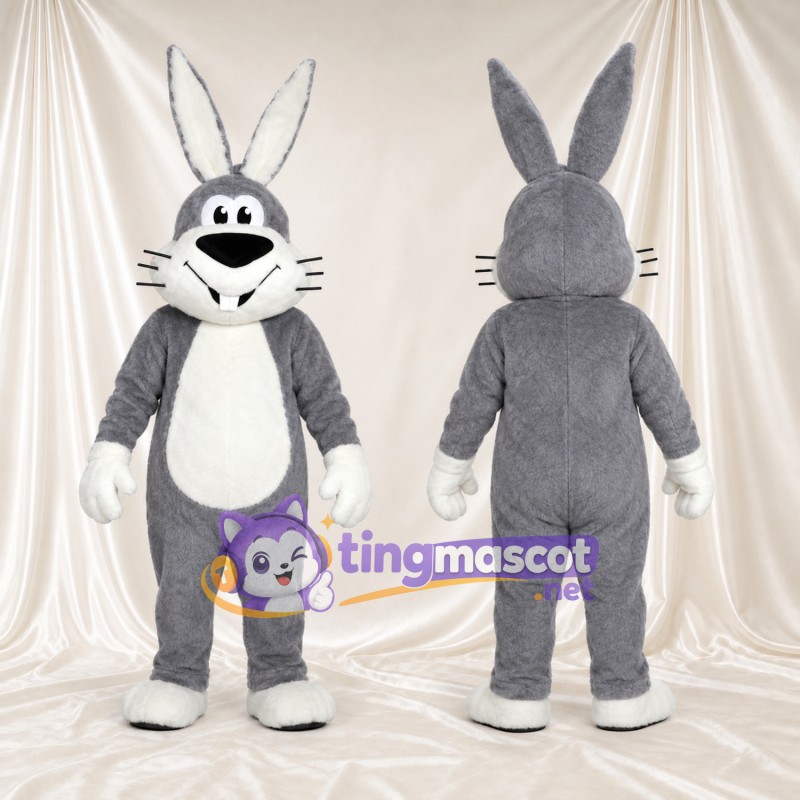 Costume de mascotte Lapin – gris – Gants (blanc); Moustaches (blanc)