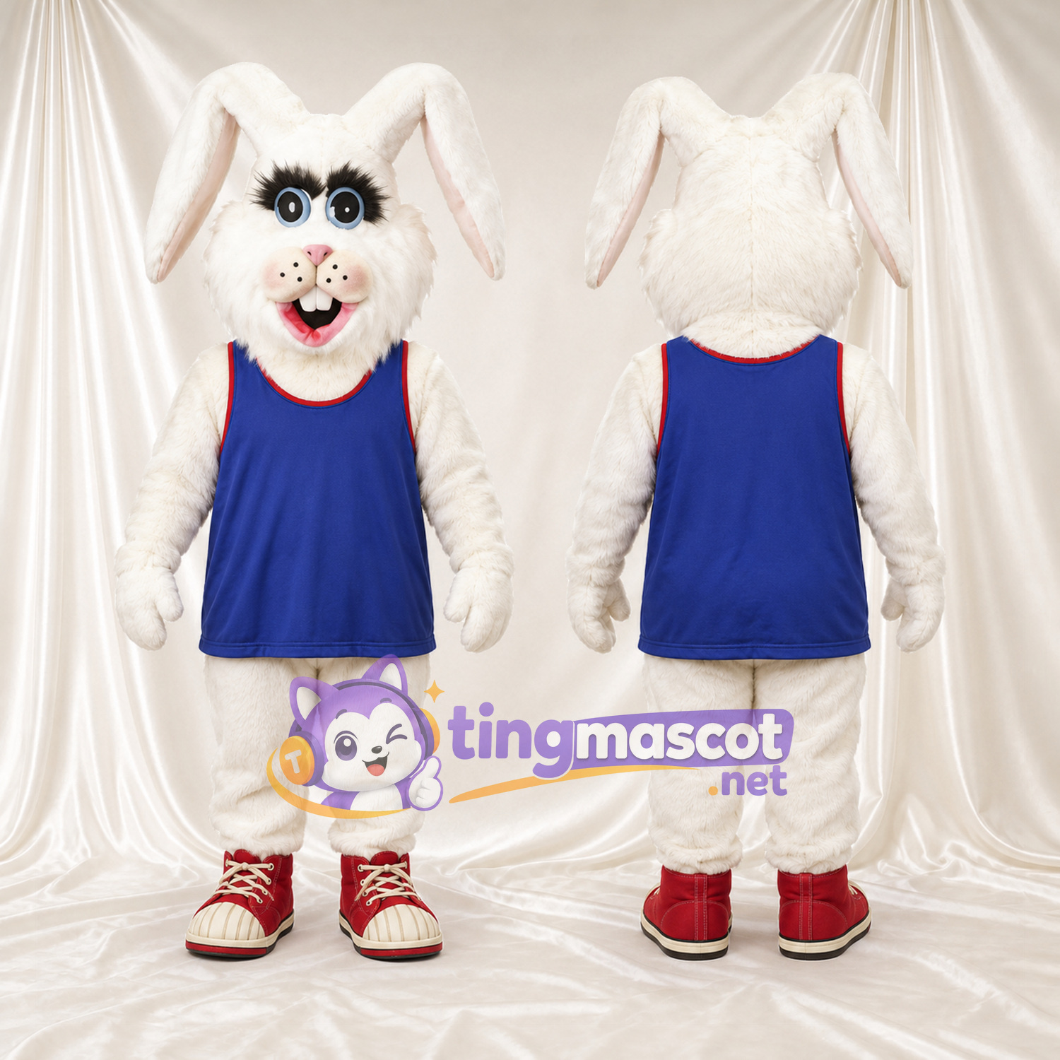 Maskottchenkostüm Hase – weiß – Tanktop (blau); Schlappohren Maskottchenkostüm Hase – weiß – Tanktop (blau); Schlappohren
