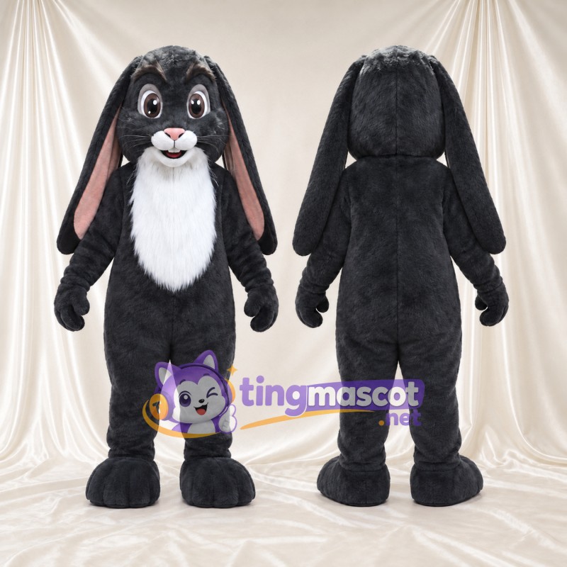 Black Rabbit Mascot Costume - White Belly, Floppy Ears and Pink Inner Ears