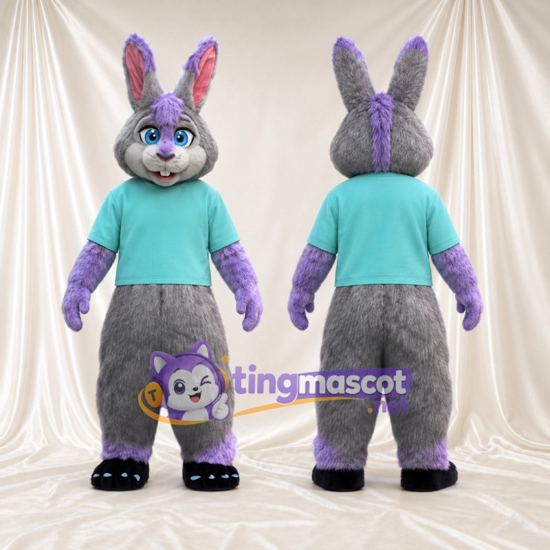 Gray and Purple Rabbit Mascot Costume - Teal Shirt