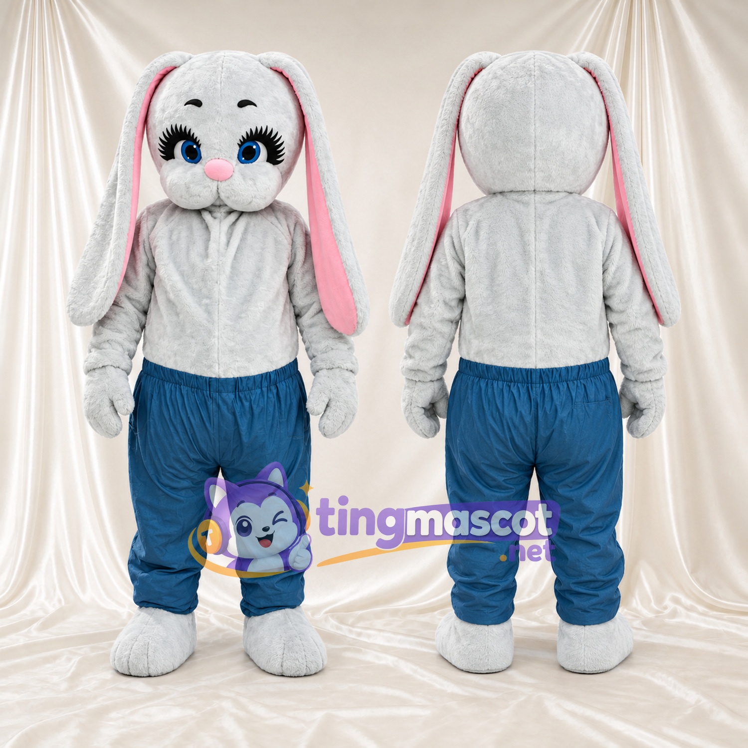 Costume de mascotte Lapin – blanc – Pantalon (bleu) Costume de mascotte Lapin – blanc – Pantalon (bleu)