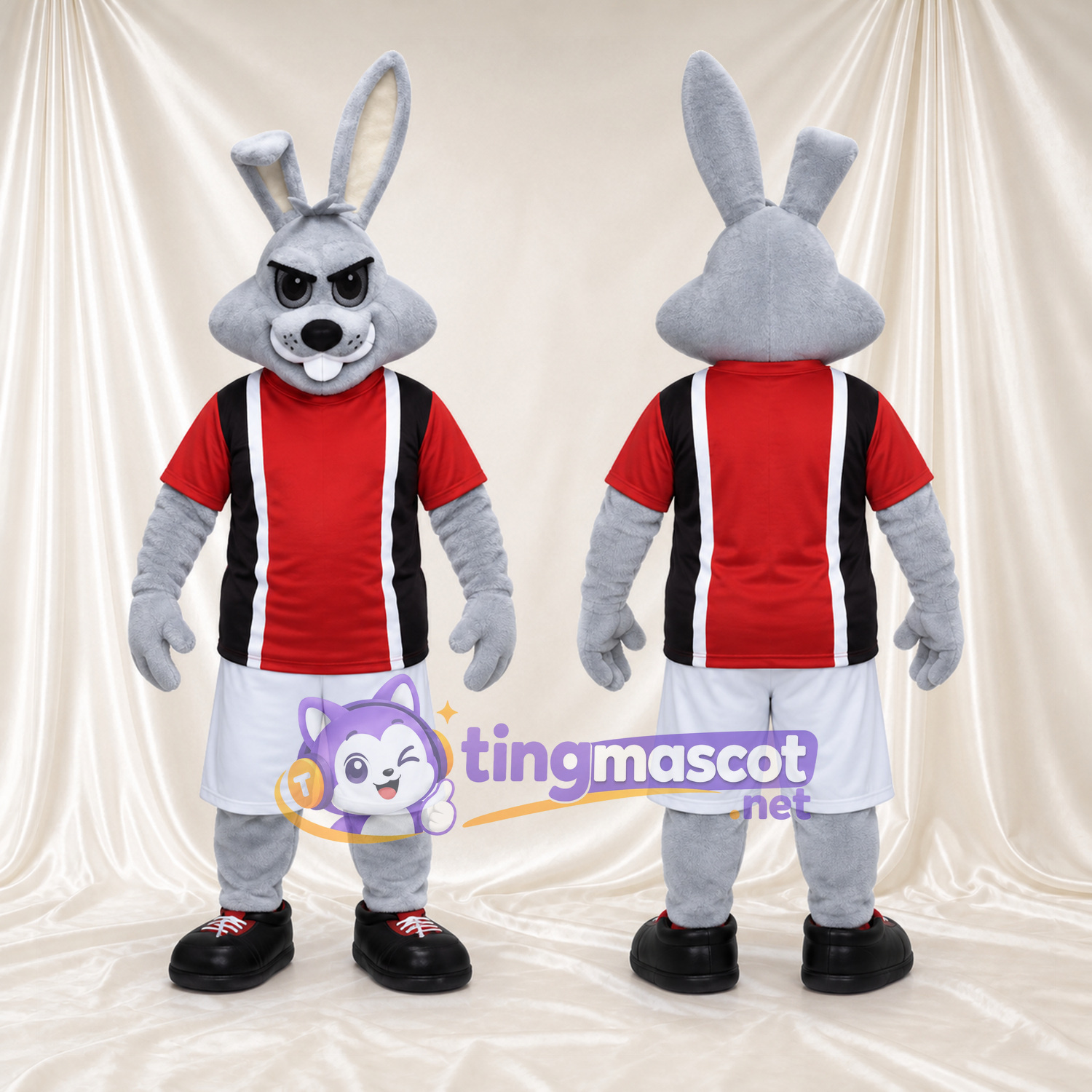 Costume de mascotte Lapin – gris – Chemise (rouge); Short (blanc) Costume de mascotte Lapin – gris – Chemise (rouge); Short (blanc)