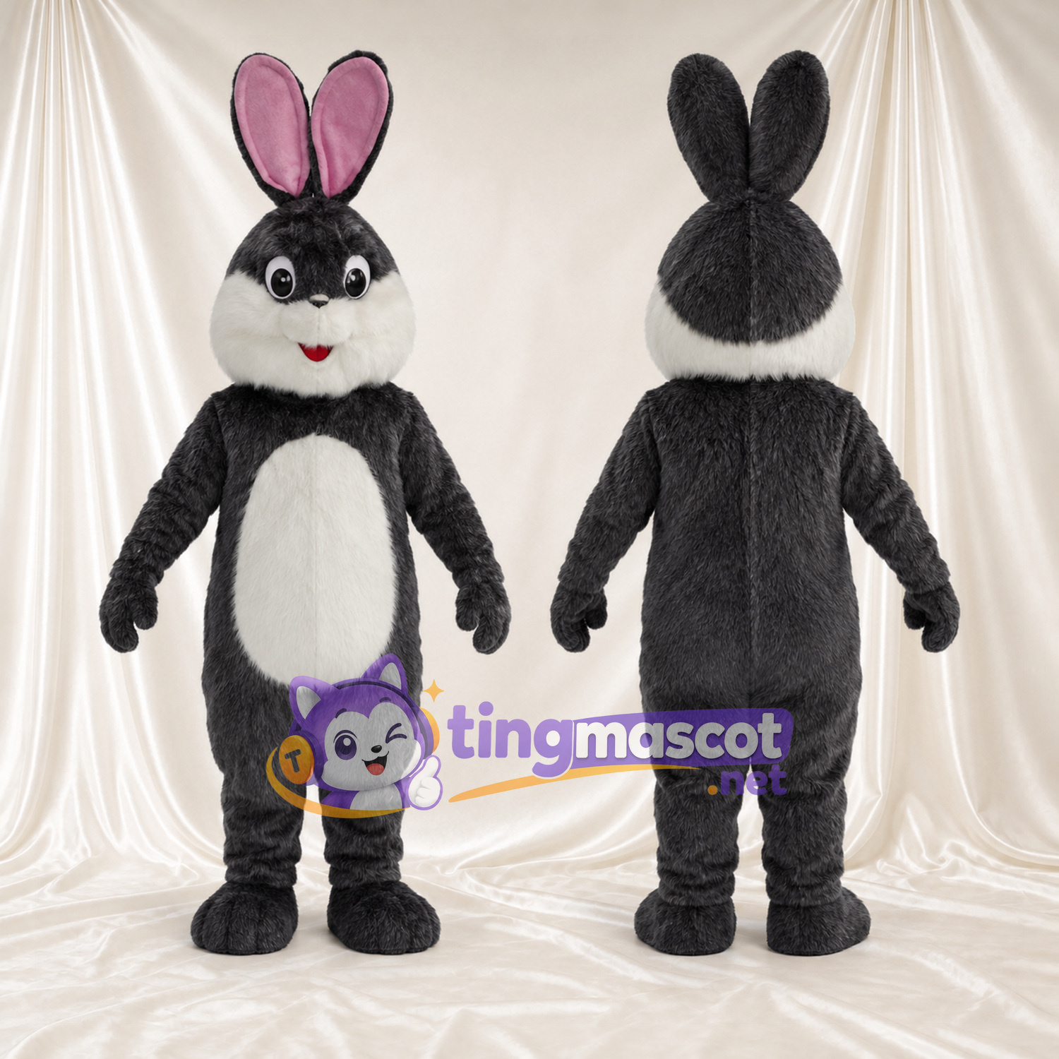 Black Rabbit Mascot Costume - White Belly, Long Ears and Pink Inner Ears Black Rabbit Mascot Costume - White Belly, Long Ears and Pink Inner Ears