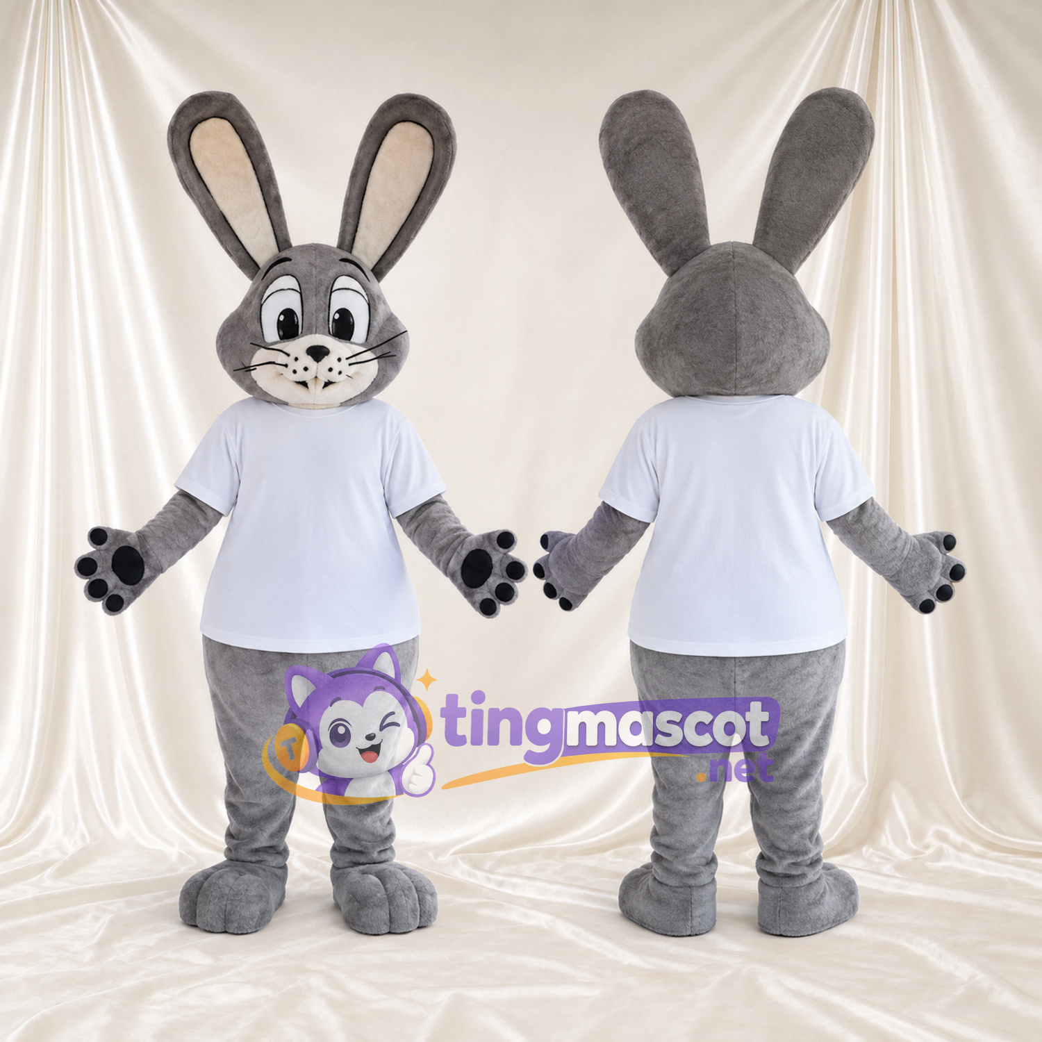 Maskottchenkostüm Hase – grau – T-Shirt (weiß); Pfotenballen (schwarz) Maskottchenkostüm Hase – grau – T-Shirt (weiß); Pfotenballen (schwarz)