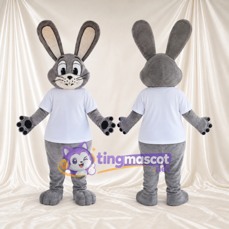 Maskottchenkostüm Hase – grau – T-Shirt (weiß); Pfotenballen (schwarz)