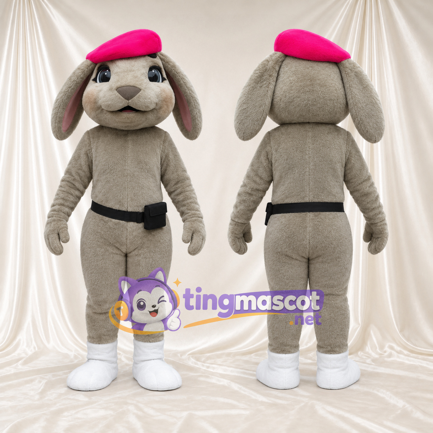 Maskottchenkostüm Hase – grau – Baskenmütze (rot) Maskottchenkostüm Hase – grau – Baskenmütze (rot)