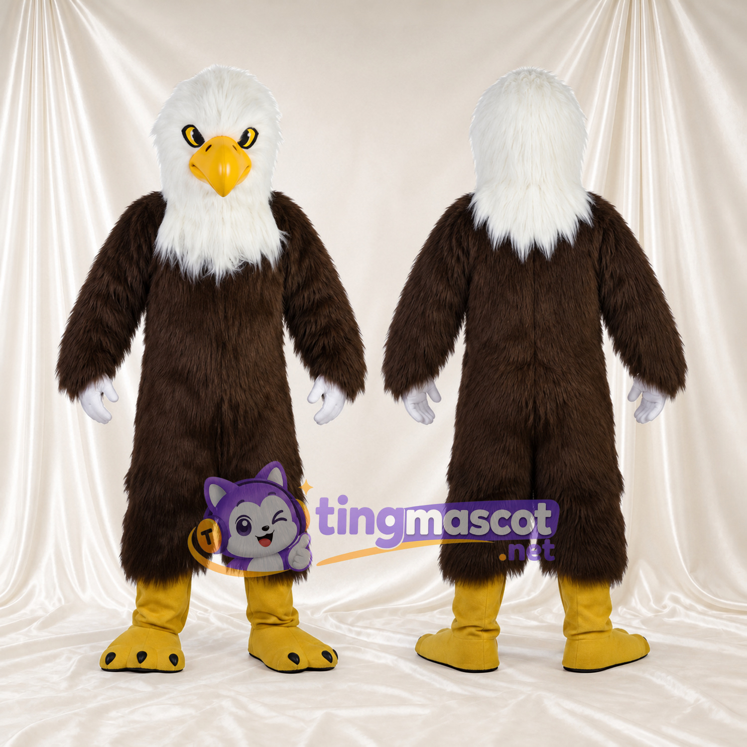Costume de mascotte Aigle – marron – Tête (blanc); Pieds (jaune) Costume de mascotte Aigle – marron – Tête (blanc); Pieds (jaune)