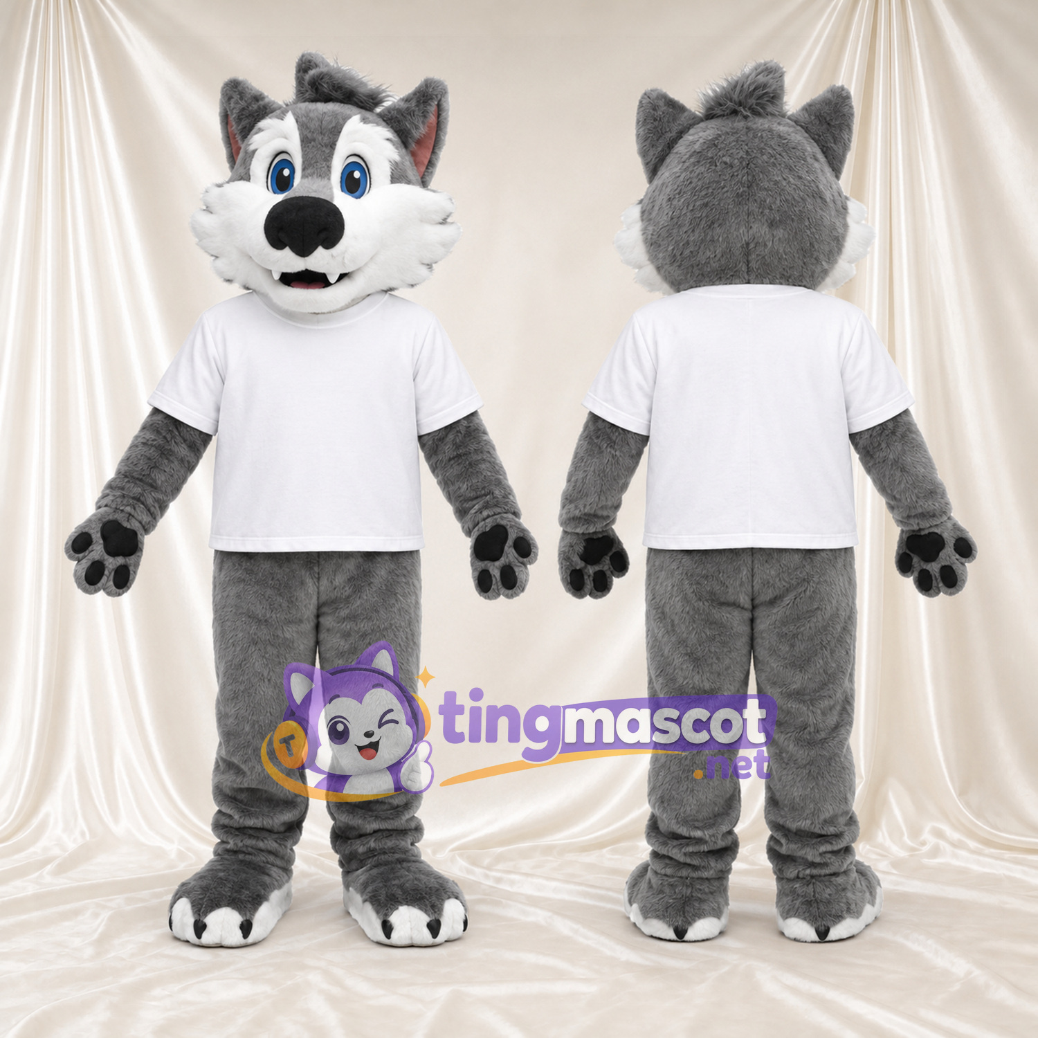 Costume de mascotte Loup – gris – Chemise (blanc) Costume de mascotte Loup – gris – Chemise (blanc)