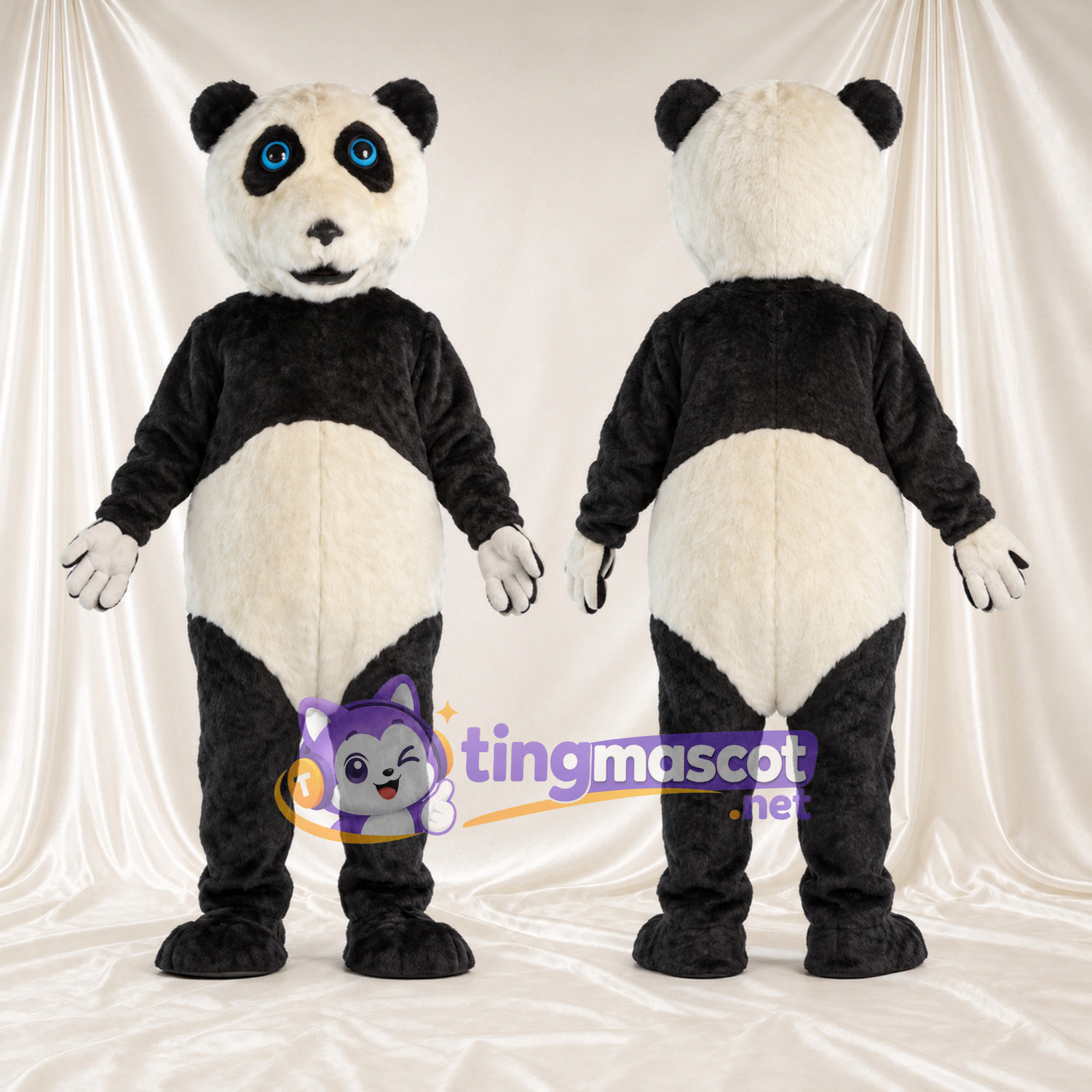Black and White Panda Mascot Costume - Blue Eyes and White Gloves Black and White Panda Mascot Costume - Blue Eyes and White Gloves