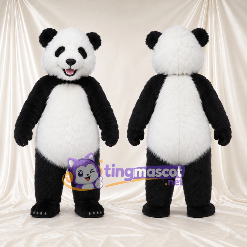 Black and White Panda Mascot Costume - Pink Tongue and White Claws