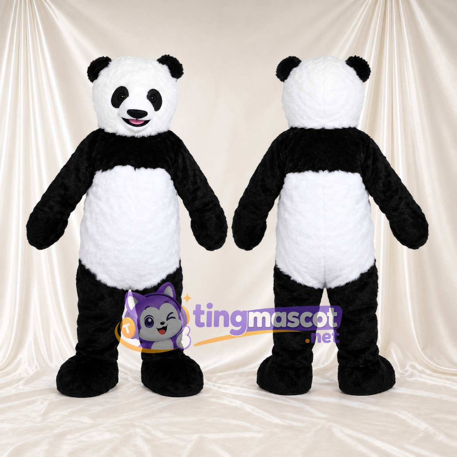 Costume de mascotte Panda – noir / blanc – Bouche ouverte