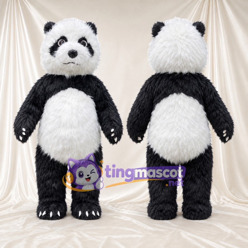 Black and White Panda Mascot Costume - Shaggy Fur and White Claws