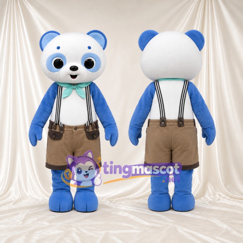 Costume de mascotte Panda – bleu / blanc – Short (marron); Nœud papillon (vert)