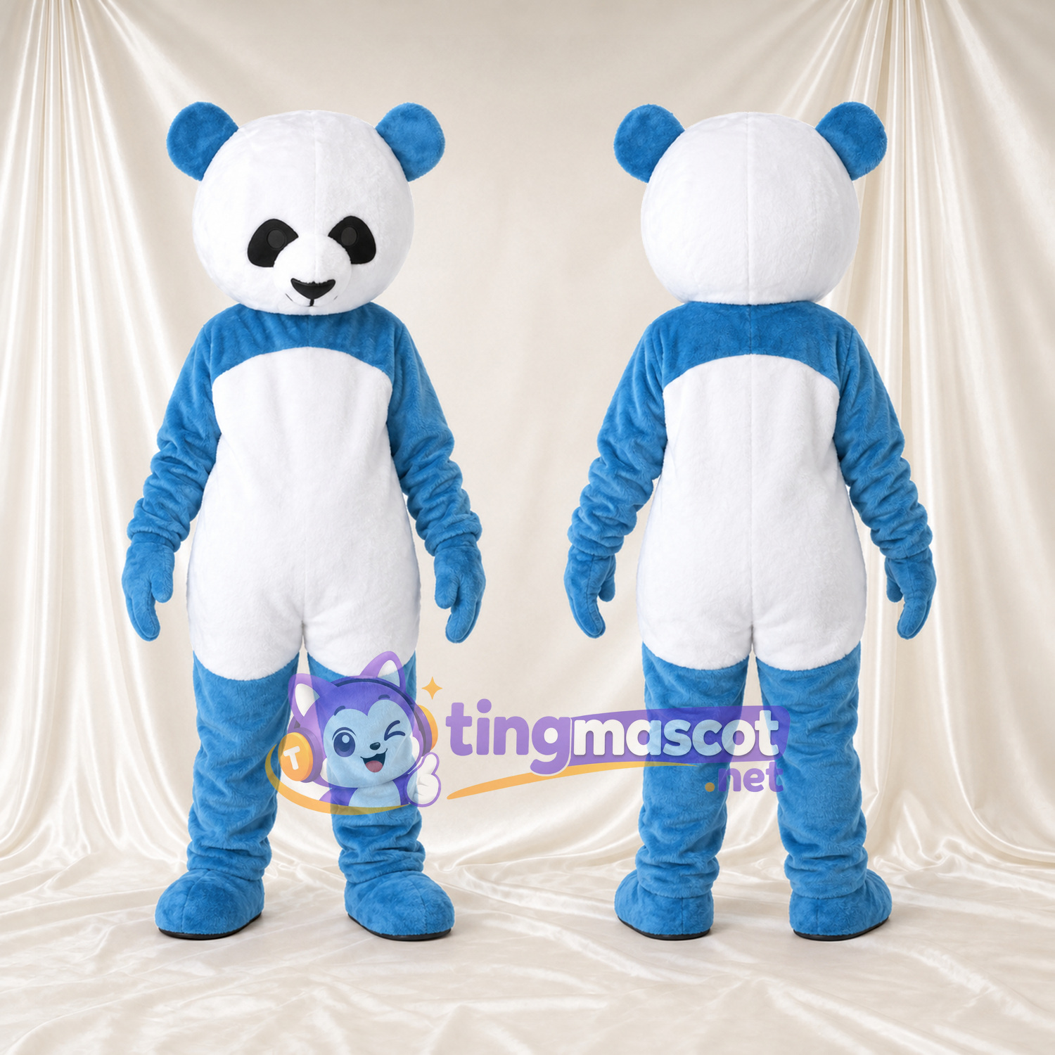 Costume de mascotte Panda – bleu / blanc – Ventre (blanc); Oreilles Costume de mascotte Panda – bleu / blanc – Ventre (blanc); Oreilles