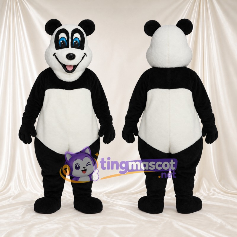 Black and White Panda Mascot Costume - Blue Eyes and Open Mouth