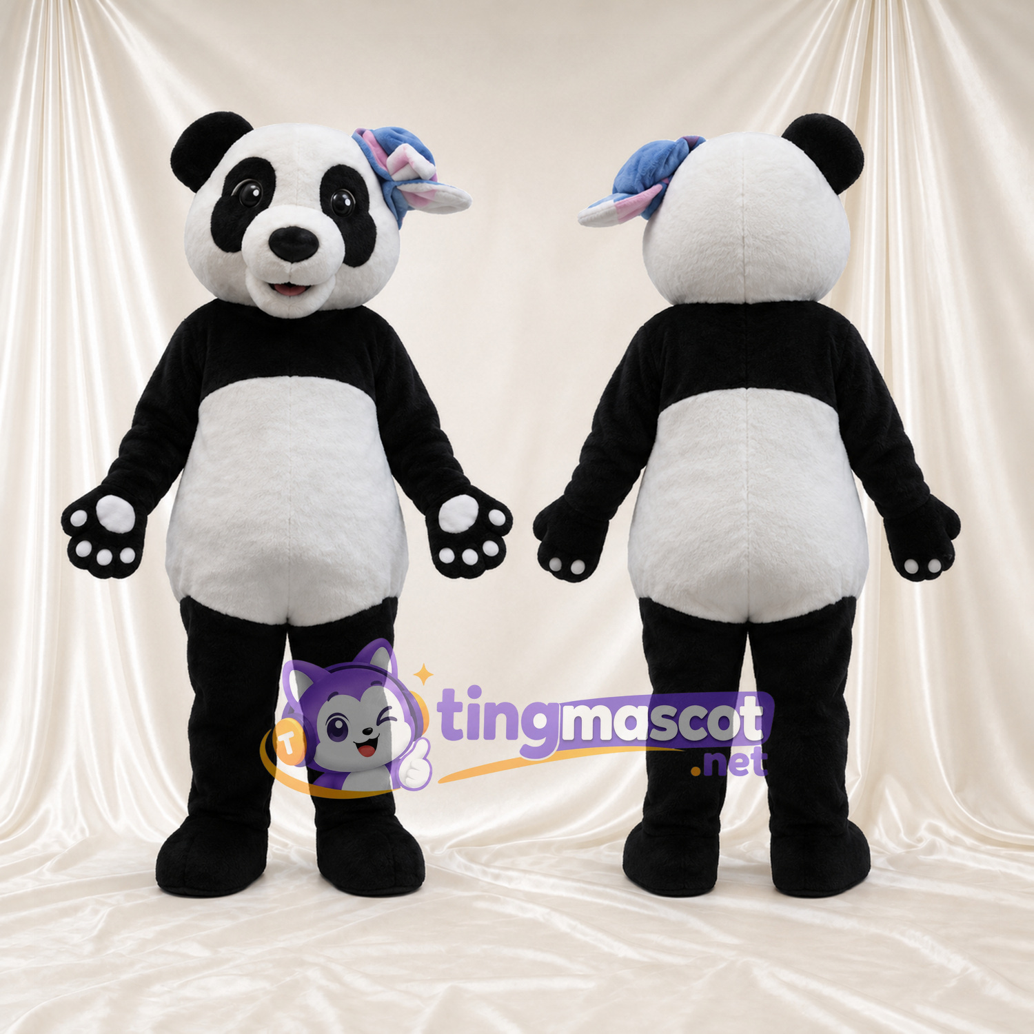 Black and White Panda Mascot Costume - Blue and Pink Ear Bows Black and White Panda Mascot Costume - Blue and Pink Ear Bows