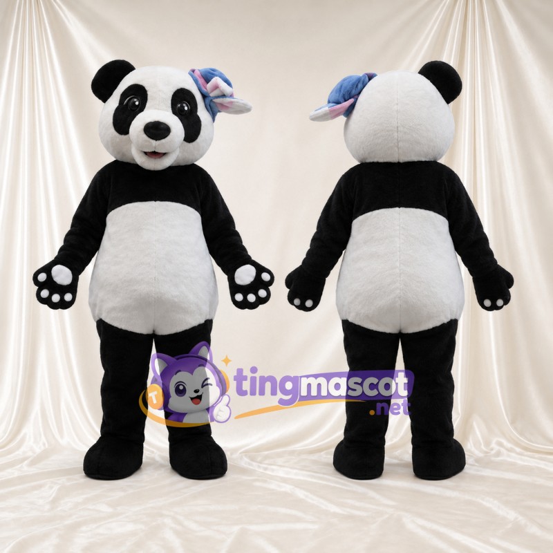 Black and White Panda Mascot Costume - Blue and Pink Ear Bows