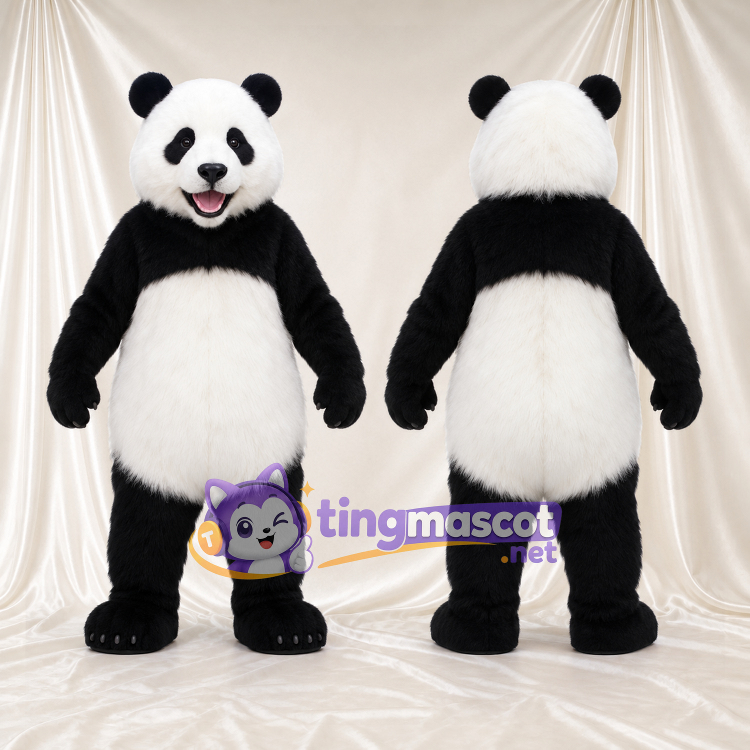 Costume de mascotte Panda – noir / blanc – Bouche ouverte; Ventre rond
